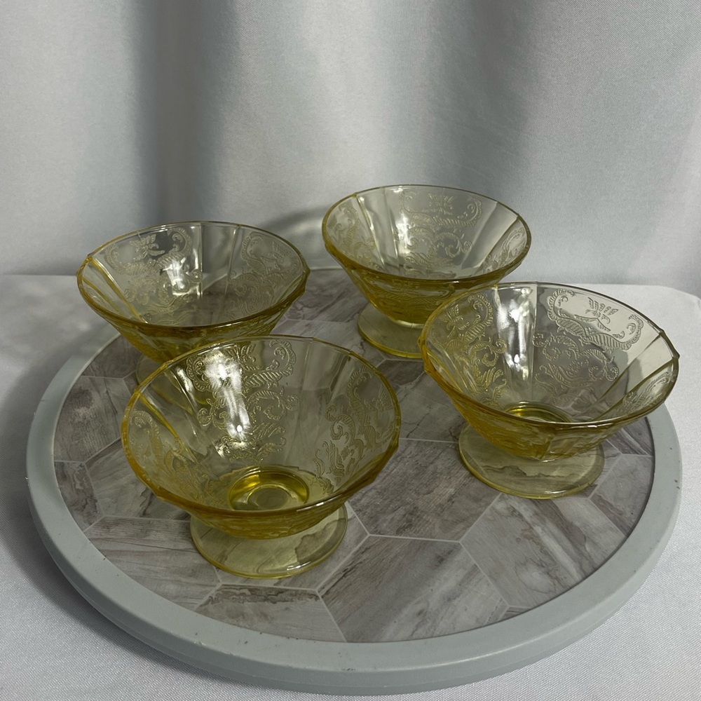 Vintage Amber Depression Glass Dessert Bowls 4 Floral Etched Pattern 4.5" Wide